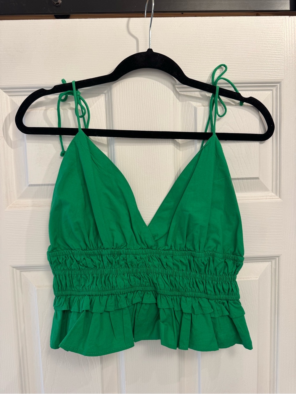 Sim & Sam Kelly Green Ruffle Smocked Tie-Strap Crop Top